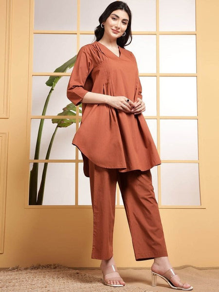 Women Brown Pleats V Neck Tunic With Trousers Co-Ord Set VitansEthnics