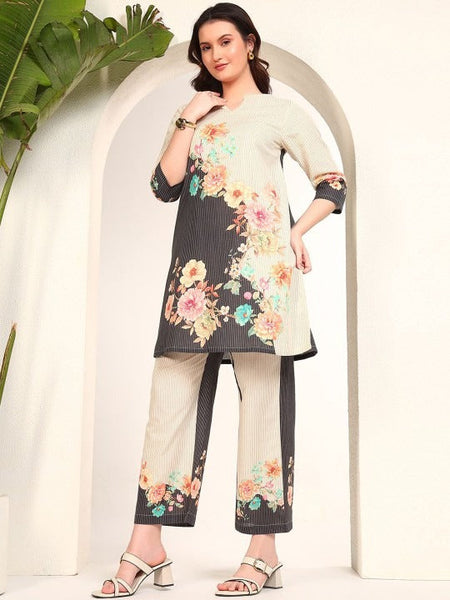 Women Printed Pure Cotton V Neck Tunic With Trousers Co-Ords Set VitansEthnics