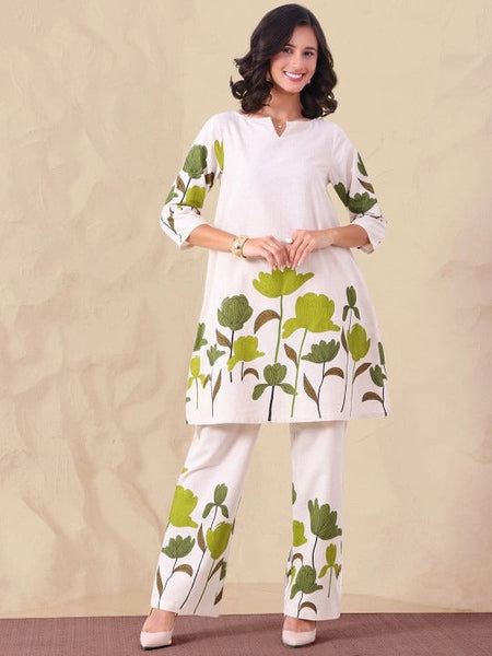 Women Printed Notch Neck Pure Cotton Tunic With Trousers Co-Ord Set VitansEthnics