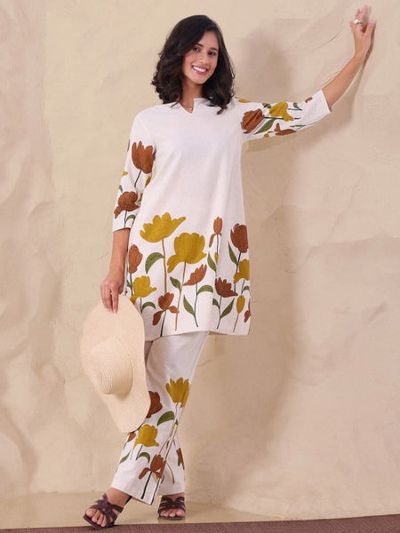 Women Floral Printed Notch Neck Pure Cotton Tunic & Trousers Co-Ord Set VitansEthnics