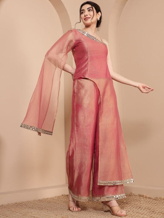 Women One Shoulder Long Bell Sleeve Tunic With Palazzo Co-Ord Set VitansEthnics