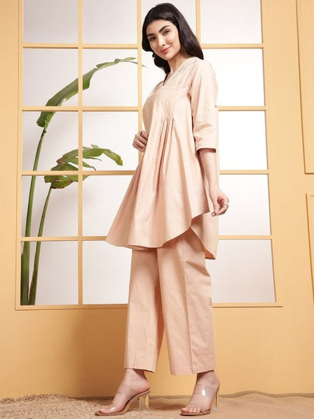 Women Pleats V Neck Tunic With Trousers Co-Ord Set VitansEthnics
