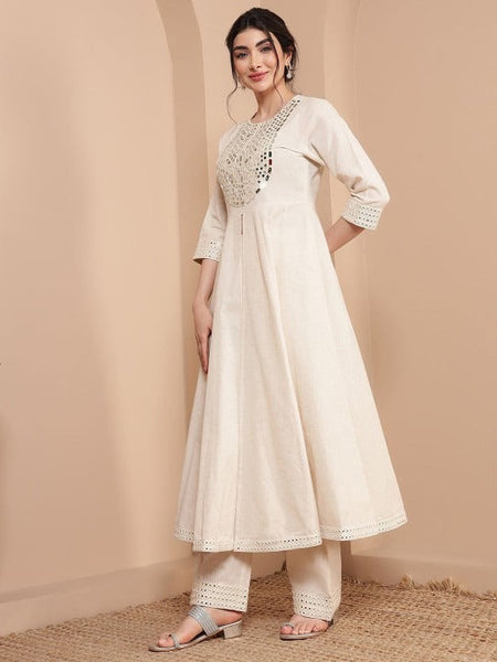Women Cotton Mirror Embroidered Anarkali Kurta With Palazzo Co-Ords Set VitansEthnics