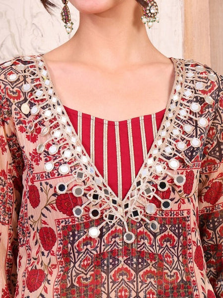 Women Printed Pure Chiffon Lurex Kurti and Sharara with Crop top Co-Ord Set VitansEthnics