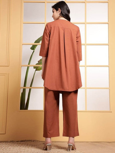 Women Brown Pleats V Neck Tunic With Trousers Co-Ord Set VitansEthnics