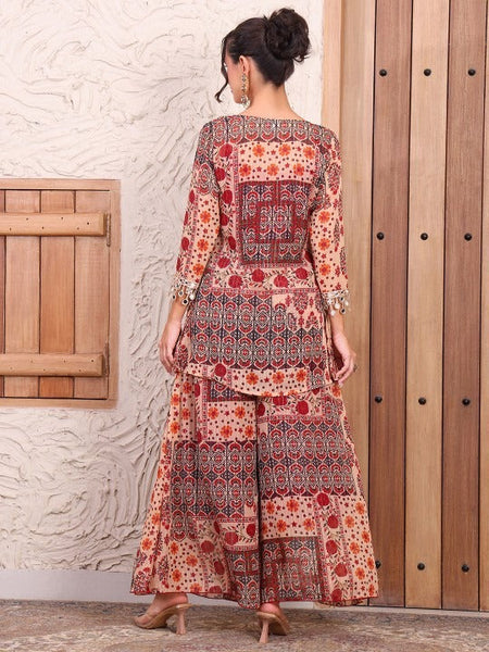 Women Printed Pure Chiffon Lurex Kurti and Sharara with Crop top Co-Ord Set VitansEthnics