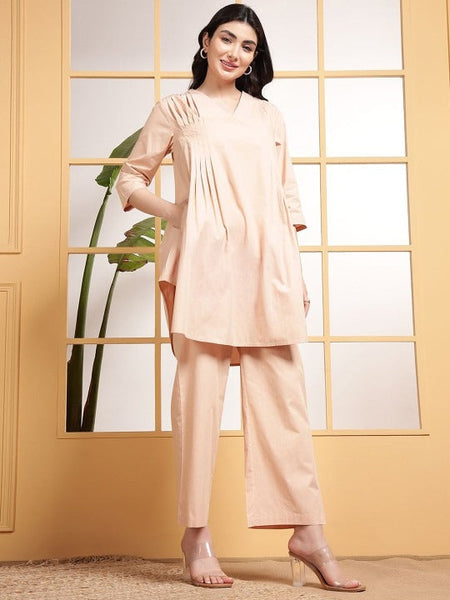 Women Pleats V Neck Tunic With Trousers Co-Ord Set VitansEthnics