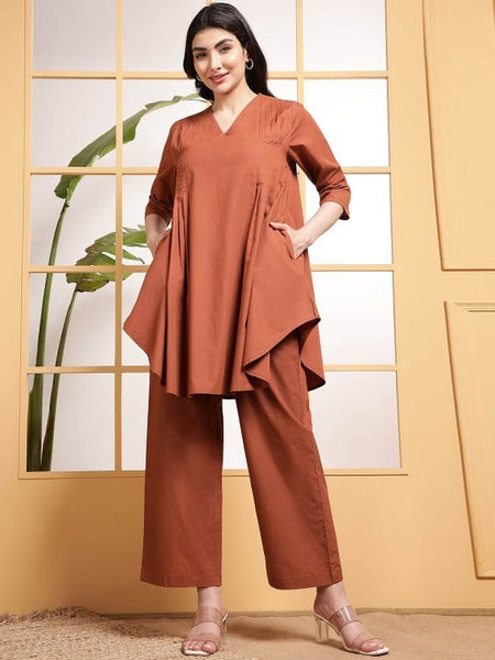 Women Brown Pleats V Neck Tunic With Trousers Co-Ord Set VitansEthnics