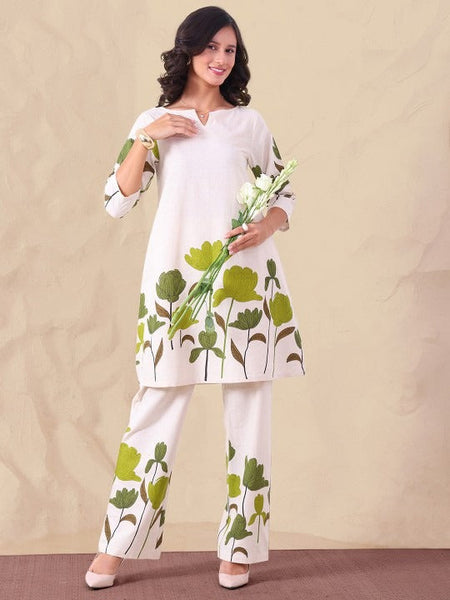 Women Printed Notch Neck Pure Cotton Tunic With Trousers Co-Ord Set VitansEthnics
