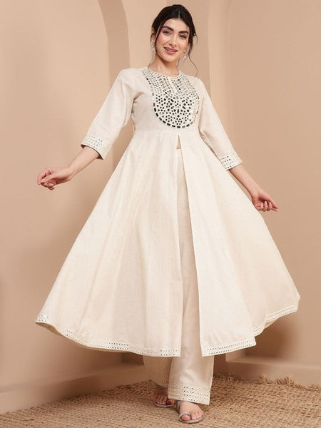 Women Cotton Mirror Embroidered Anarkali Kurta With Palazzo Co-Ords Set VitansEthnics