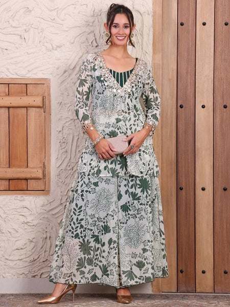 Women Floral Printed V-Neck Pure Chiffon Tunic With Palazzos Co-Ords Set VitansEthnics