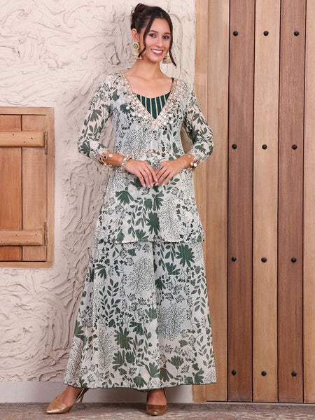 Women Floral Printed V-Neck Pure Chiffon Tunic With Palazzos Co-Ords Set VitansEthnics