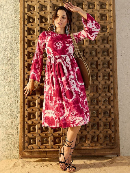 Women Tie and Dye Print Bell Sleeves Fit & Flare Dress VitansEthnics