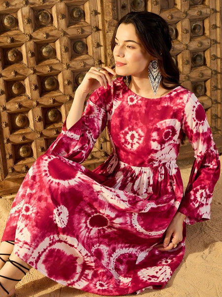 Women Tie and Dye Print Bell Sleeves Fit & Flare Dress VitansEthnics