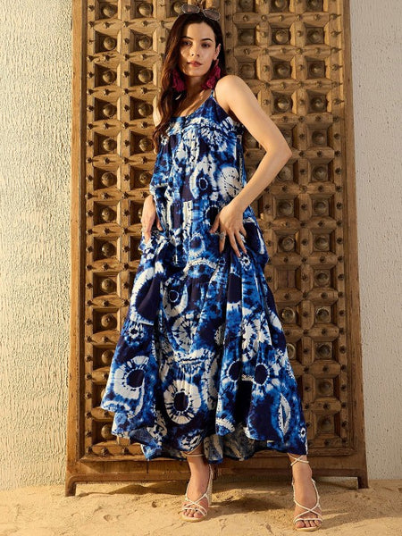 Women Tie and Dye Print Shoulder Straps Layered Maxi Dress (Copy) VitansEthnics