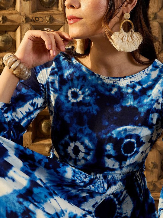 Women Tie and Dye Print Bell Sleeves Fit & Flare Dress M