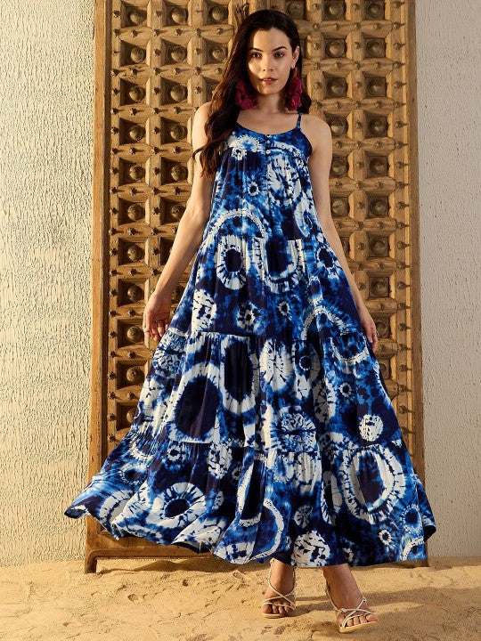 Women Tie and Dye Print Shoulder Straps Layered Maxi Dress (Copy) VitansEthnics