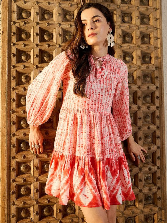 Women Tie and Dye Print Puff Sleeve A-Line Dress XXL Women Tie and Dye Print Puff Sleeve A-Line Dress XXL