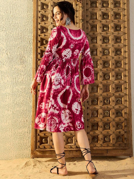 Women Tie and Dye Print Bell Sleeves Fit & Flare Dress VitansEthnics