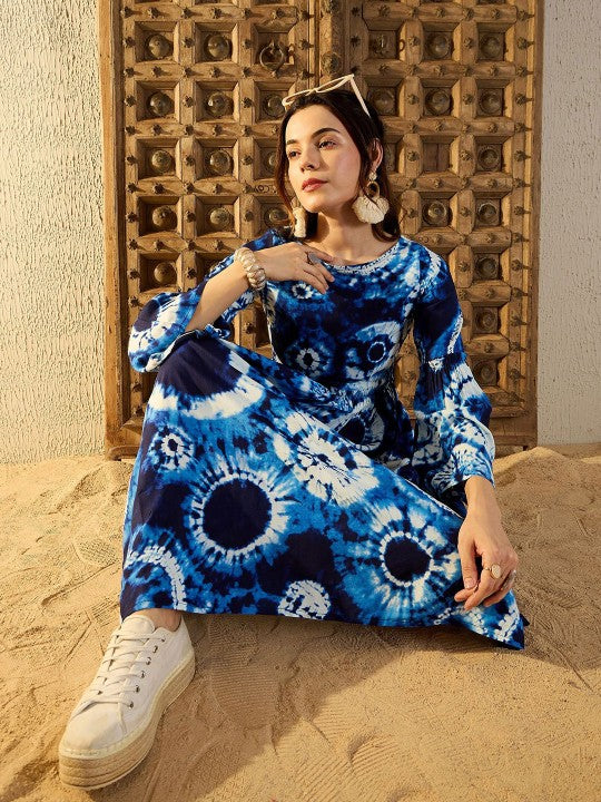 Women Tie and Dye Print Bell Sleeves Fit & Flare Dress M