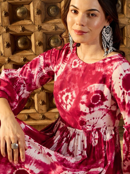 Women Tie and Dye Print Bell Sleeves Fit & Flare Dress VitansEthnics