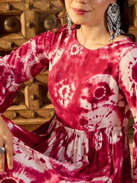 Women Tie and Dye Print Bell Sleeves Fit & Flare Dress VitansEthnics