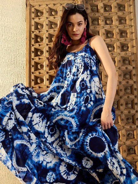 Women Tie and Dye Print Shoulder Straps Layered Maxi Dress (Copy) VitansEthnics