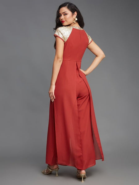 Burgundy Embellished Sequinned Solid Frilled Jumpsuit (Copy) VitansEthnics