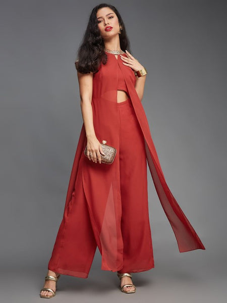 Burgundy Embellished Sequinned Solid Frilled Jumpsuit (Copy) VitansEthnics