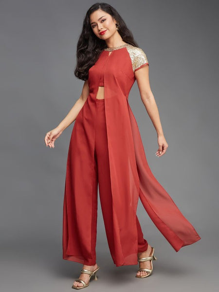 Burgundy Embellished Sequinned Solid Frilled Jumpsuit (Copy) VitansEthnics