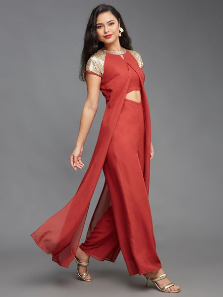Burgundy Embellished Sequinned Solid Frilled Jumpsuit (Copy) VitansEthnics