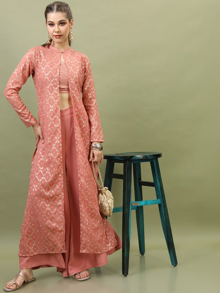 Women Crop Top With Palazzo And Jacket Indo Western Ethnic Set