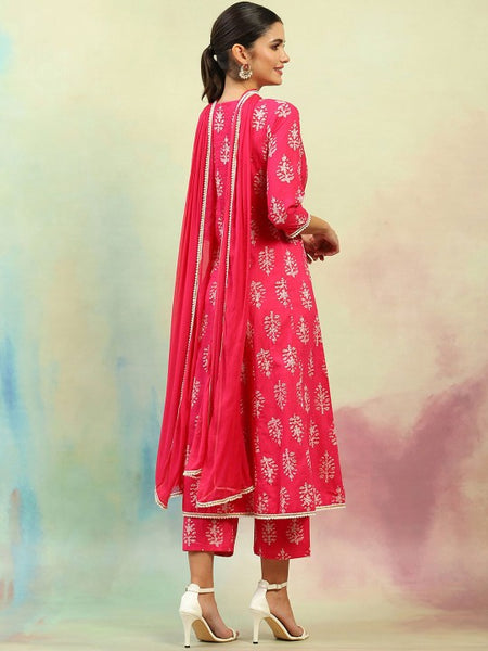 Pink Ethnic Motifs Printed V-Neck Pure Cotton A-Line Kurta with Palazzos & Dupatta (Copy) VitansEthnics