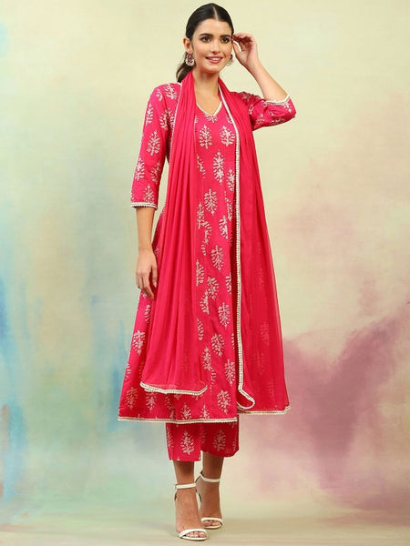 Pink Ethnic Motifs Printed V-Neck Pure Cotton A-Line Kurta with Palazzos & Dupatta (Copy) VitansEthnics