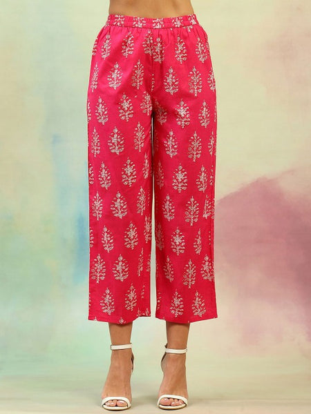 Pink Ethnic Motifs Printed V-Neck Pure Cotton A-Line Kurta with Palazzos & Dupatta (Copy) VitansEthnics