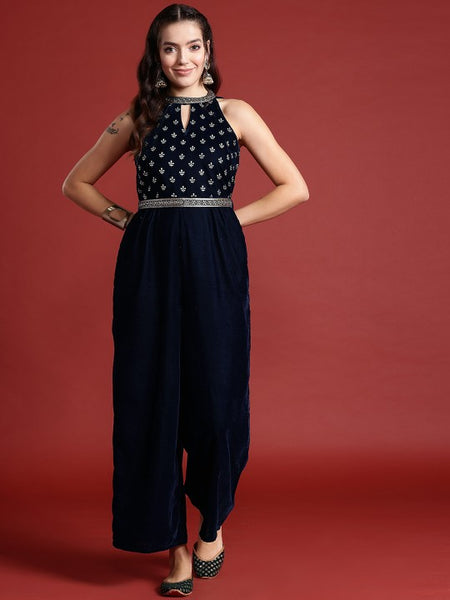 Designer Halter Neck Culotte Jumpsuit with Belt For Women, Indo Western Outfit, Indian Dress, Fusion Jumpsuit, Party Wear Indian Outfit