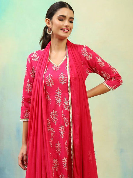 Pink Ethnic Motifs Printed V-Neck Pure Cotton A-Line Kurta with Palazzos & Dupatta (Copy) VitansEthnics