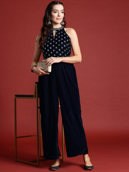 Designer Halter Neck Culotte Jumpsuit with Belt For Women, Indo Western Outfit, Indian Dress, Fusion Jumpsuit, Party Wear Indian Outfit