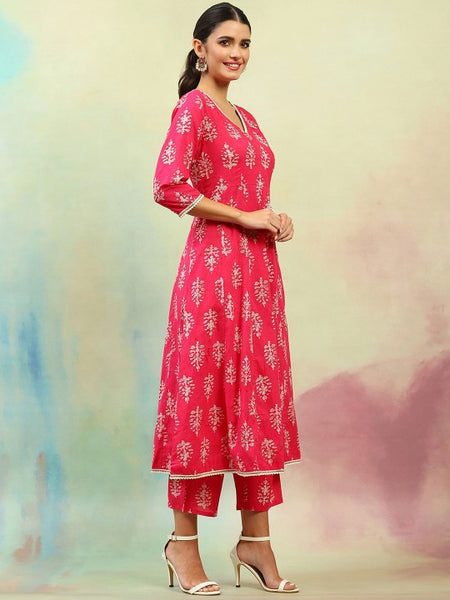 Pink Ethnic Motifs Printed V-Neck Pure Cotton A-Line Kurta with Palazzos & Dupatta (Copy) VitansEthnics