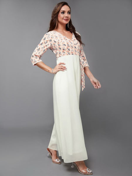 Indo Western Off White & Peach Floral Printed V-Neck Basic Jumpsuit For Women VitansEthnics