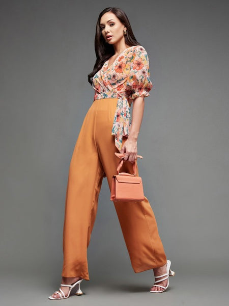 Indo Western Mustard Yellow Floral Printed V-Neck Basic Jumpsuit For Women VitansEthnics