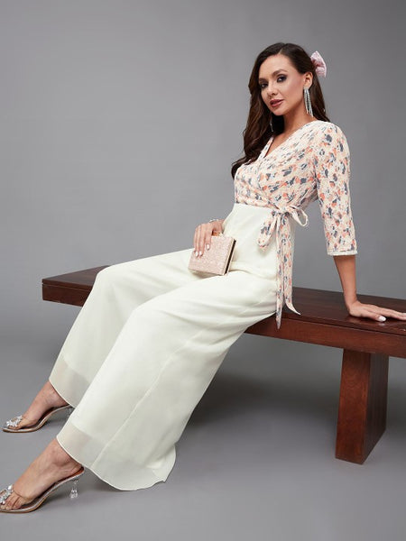 Indo Western Off White & Peach Floral Printed V-Neck Basic Jumpsuit For Women VitansEthnics