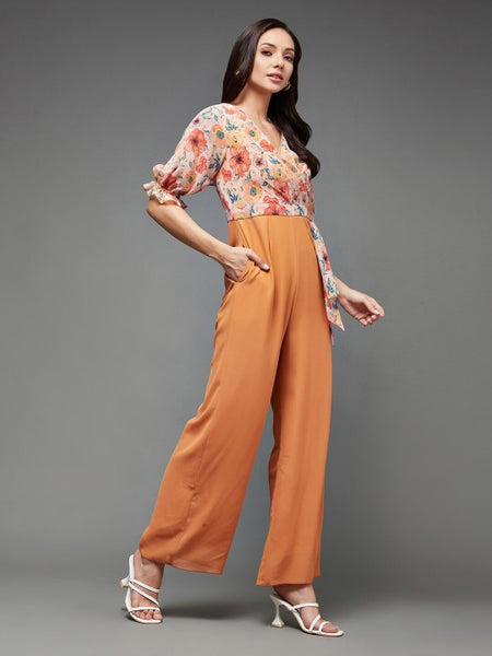 Indo Western Mustard Yellow Floral Printed V-Neck Basic Jumpsuit For Women VitansEthnics