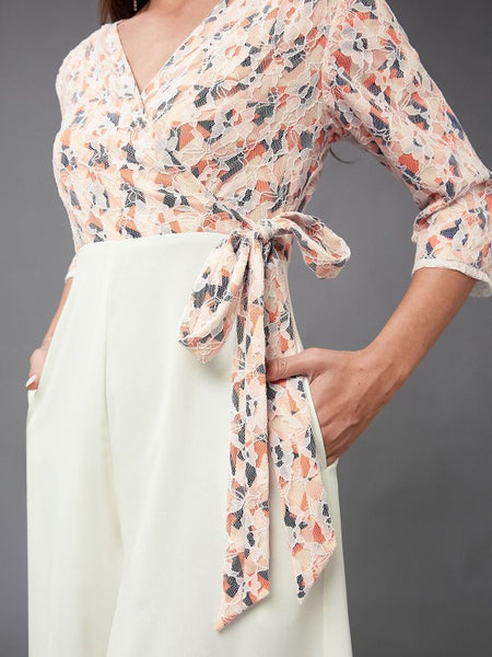 Indo Western Off White & Peach Floral Printed V-Neck Basic Jumpsuit For Women VitansEthnics