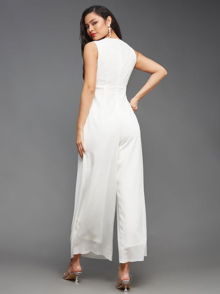 Indo Western Off White & Peach Floral Printed V-Neck Basic Jumpsuit For Women (Copy) VitansEthnics
