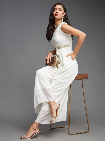 Indo Western Off White & Peach Floral Printed V-Neck Basic Jumpsuit For Women (Copy) VitansEthnics