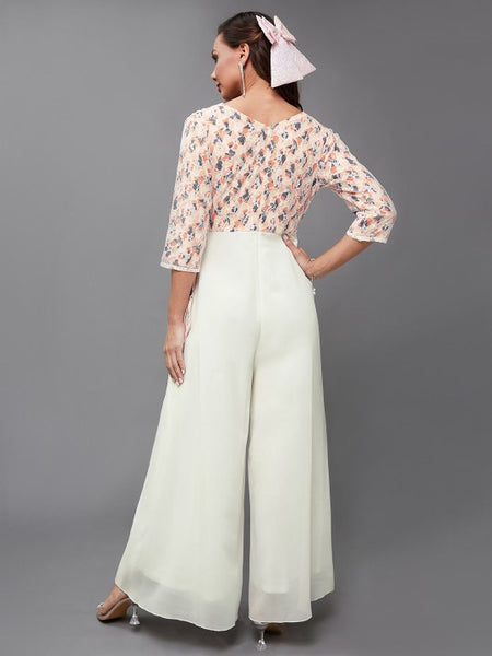 Indo Western Off White & Peach Floral Printed V-Neck Basic Jumpsuit For Women VitansEthnics
