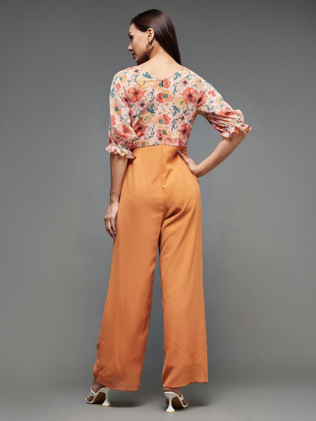 Indo Western Mustard Yellow Floral Printed V-Neck Basic Jumpsuit For Women VitansEthnics
