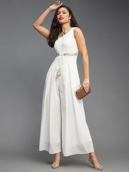 Indo Western Off White & Peach Floral Printed V-Neck Basic Jumpsuit For Women (Copy) VitansEthnics