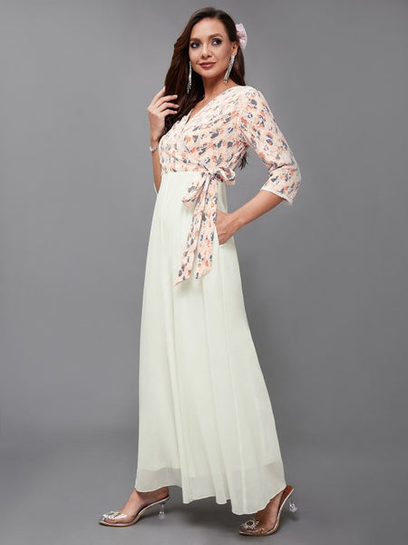 Indo Western Off White & Peach Floral Printed V-Neck Basic Jumpsuit For Women VitansEthnics